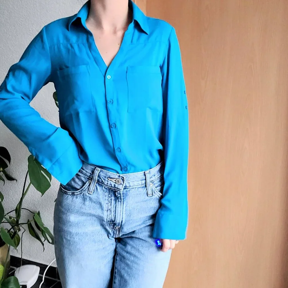Express The Portofino Shirt Slim Fit Button Down Long Sleeve Top Cobalt Blue XS - Picture 3 of 10